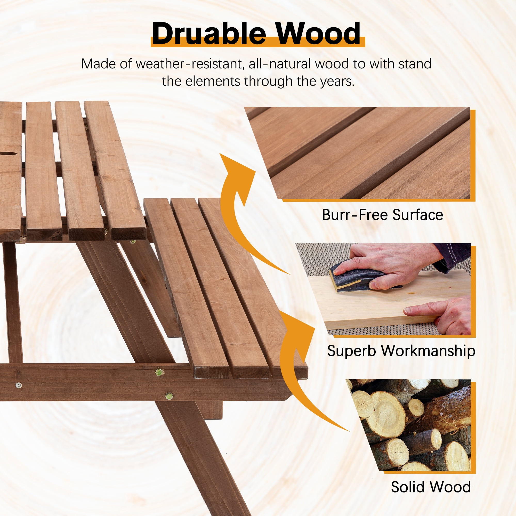 8-Person Rectangle Outdoor Wooden Picnic Table w/ 2 Built-In Benches,Outdoor Camping Dining Table for Backyard,Garden,Patio,2220 lbs Capacity
