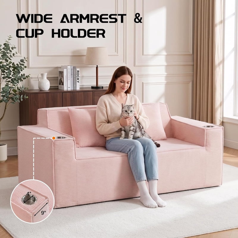 75'' Modern Boneless Loveseat Sofa Couch with 2 Cup Holders & 2 Pillows for Living Room, Corduroy Love Seat Couches with Deep Seat