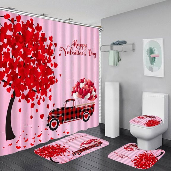 Valentine's Day Shower Curtain Sets with Non-Slip Rug, Toilet Lid Cover, Bath Mat and 12 Hooks, Car Filled with Red Roses and Love Balloons Waterproof /Romantic Gnome Couple/Red Rose Shower Curtain