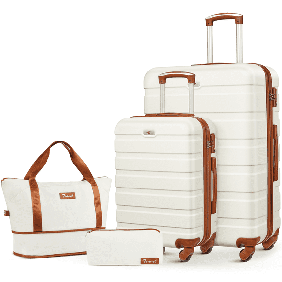 4 Piece Travel Luggage Sets,20/28 inch Lightweight Hardshell Carry-on and Checked Suitcase with Expandable Duffle Bags,White&Brown