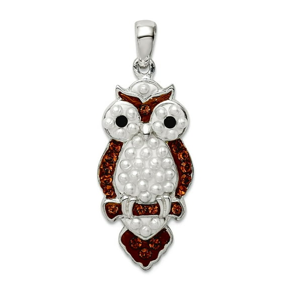 925 Sterling Silver Simulated Pearl and Preciosa Crystal Owl Pendant Necklace 24.84x12.48mm Wide Pendant for Women