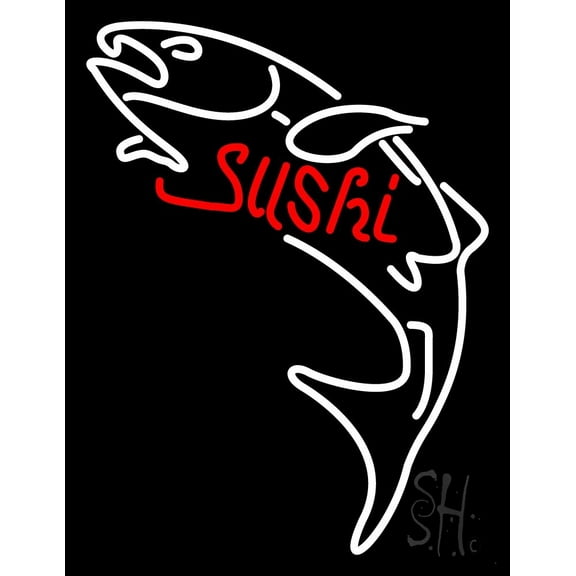 Red Sushi With Fish Logo LED Neon Sign 15 x 19 - inches, Clear Edge Cut Acrylic Backing, with Dimmer - Bright and Premium built indoor LED Neon Sign for restaurant window and interior decor.