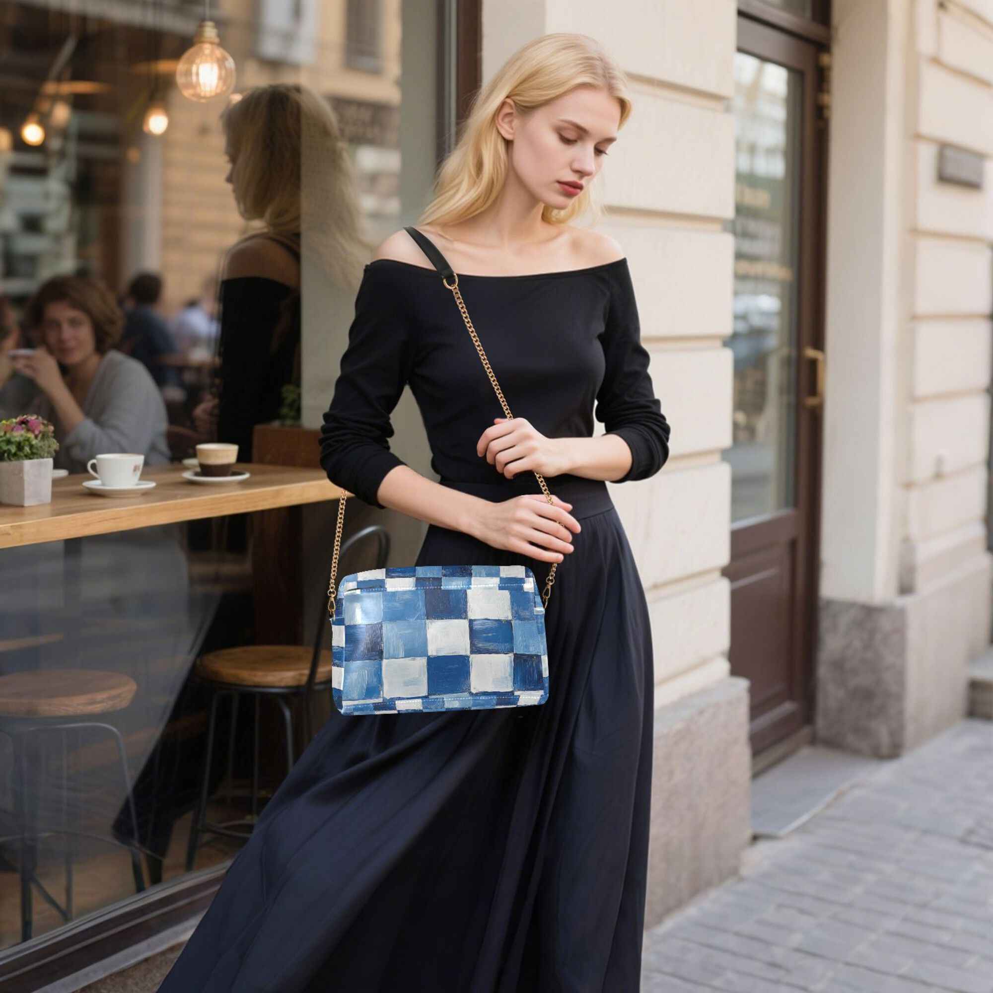 FORMRS Women Crossbody Purse with Chain Strap Vegan Leather Shoulder Handbag, Blue and Gray Plaid Pattern