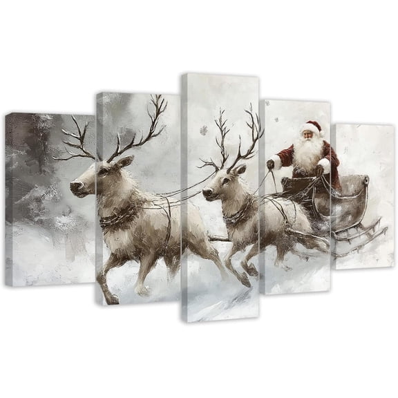 ZHONGYUTONG 5 Panel Christmas Wall Art Large Xmas Canvas Pictures Santa Claus and Reindeer Painting Winter Scenes Prints Holiday Home Wall Decor Framed (8x14inx2pcs 8x18inx2pcs 8x22inx1pcs)