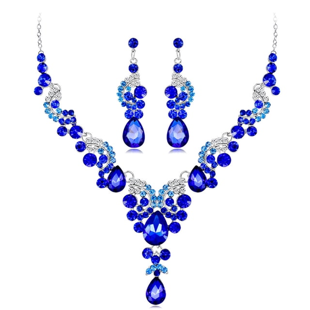 Qarigey 3 unids/set collar de mujer decorativo nupcial diamantes de imitación niñas señoras boda pendiente gargantilla adorno de joyería en Ropa, zapatos y accesorios Miscelánea Azul
