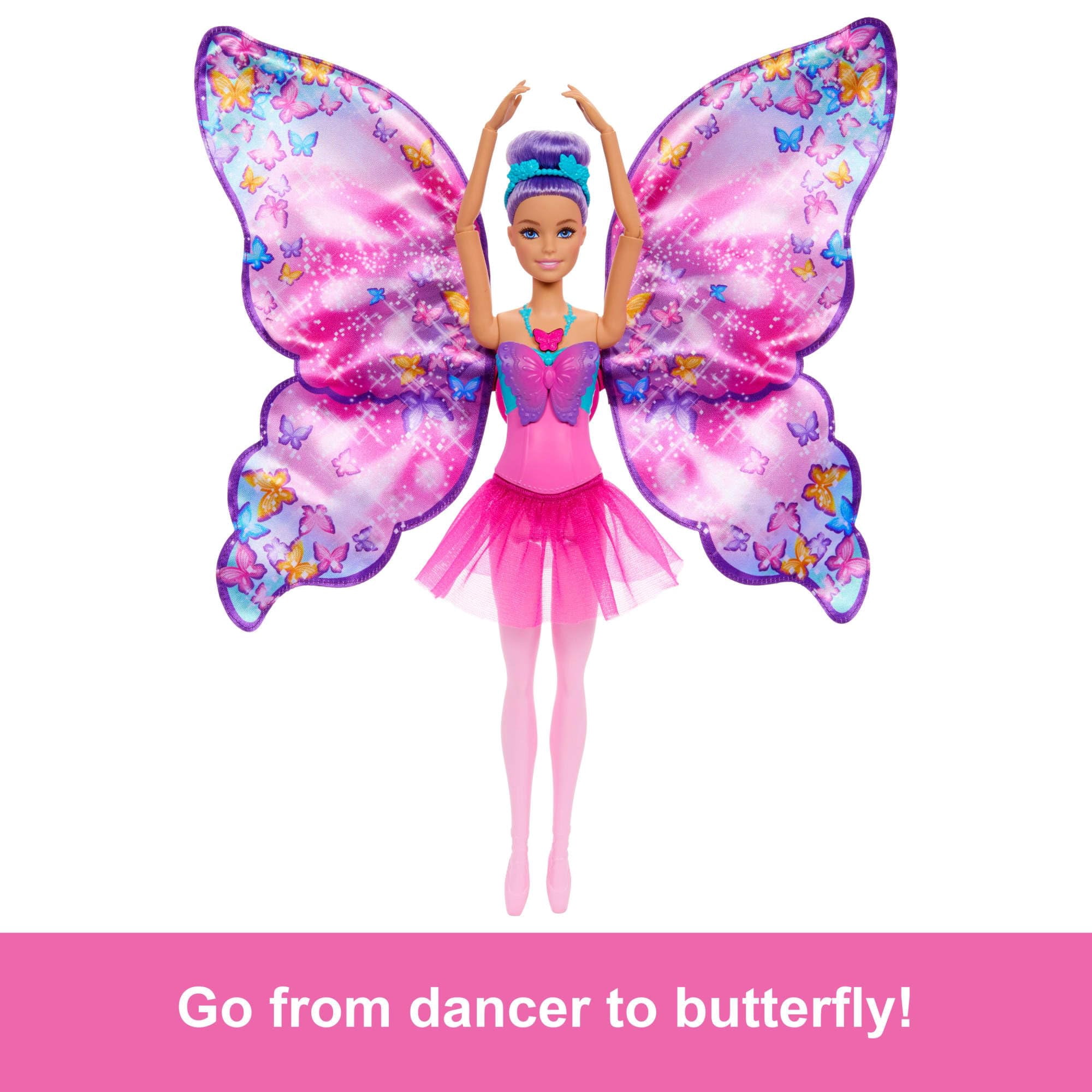 Barbie Dance and Flutter Doll with 2-in-1 Transformation from Dancer to Butterfly with Opening Wings, Purple Hair, Headpiece & Removable Tutu