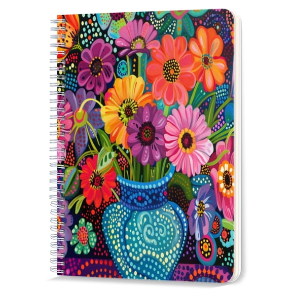 Spiral Notebook,Double-Wire Spiral College Lined Journal Notebook for Study and Notes,100 Pages,5.71x 8.26 in - Colorful Flowers in a Blue Vase with Dotted Patterns