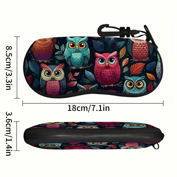 Colorful Owl Print Design Neoprene Eyeglasses Case with Zipper - Ultra-Light Travel Glasses Pouch, Fits All Sunglasses, Eyeglasses & Accessories