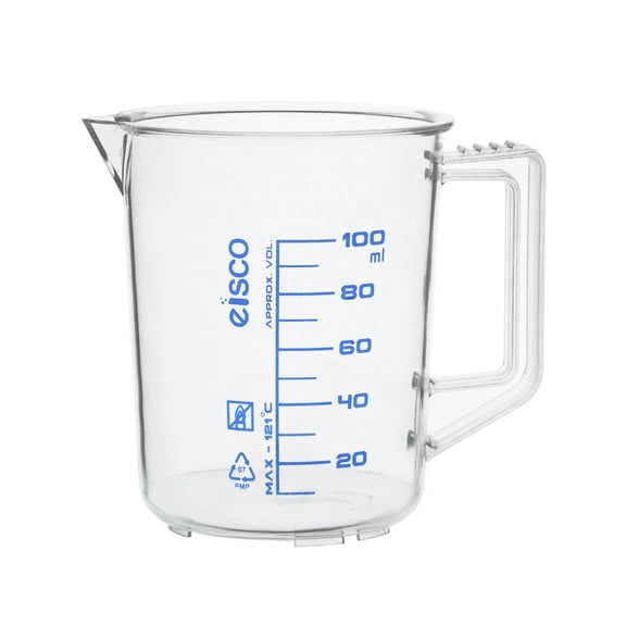 Measuring Jug, 100ml - TPX Plastic - Printed Graduations - Chemical Resistant, Autoclavable - Short Form - Handle with Thumb Grip - Eisco Labs