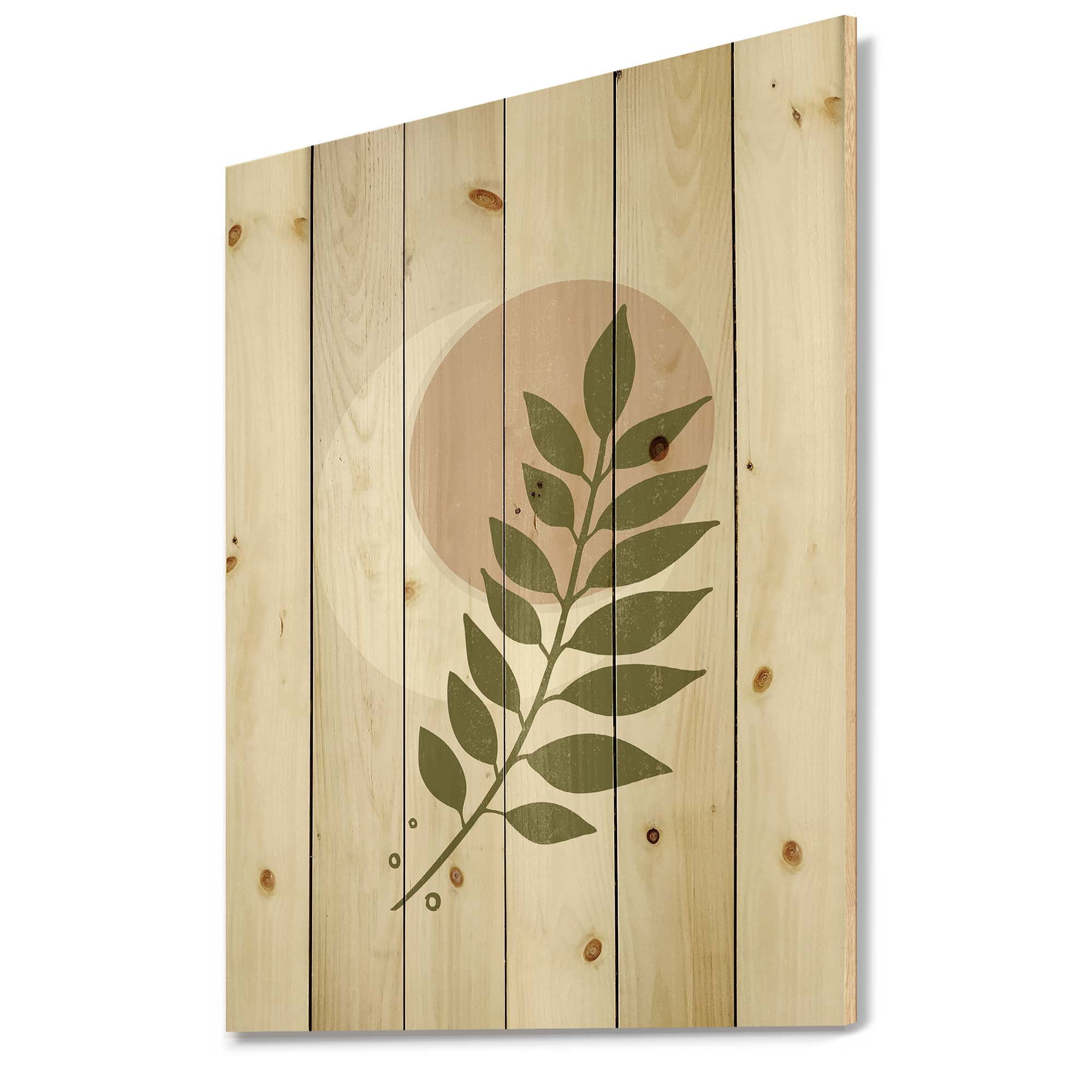 Designart 'Abstract Geometrical Leaf With Moon IV' Modern Print on Natural Pine Wood