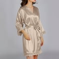 thumbnail image 5 of QUYUON Womens Satin Robe Silk Kimono Bathrobe Bridesmaid Wedding Bridal Party Robes Women 3/4 Sleeve Lace Trim V Neck Pajamas Short Nightgown Lingerie Sleepwear with Belted Khaki-C L, 5 of 8