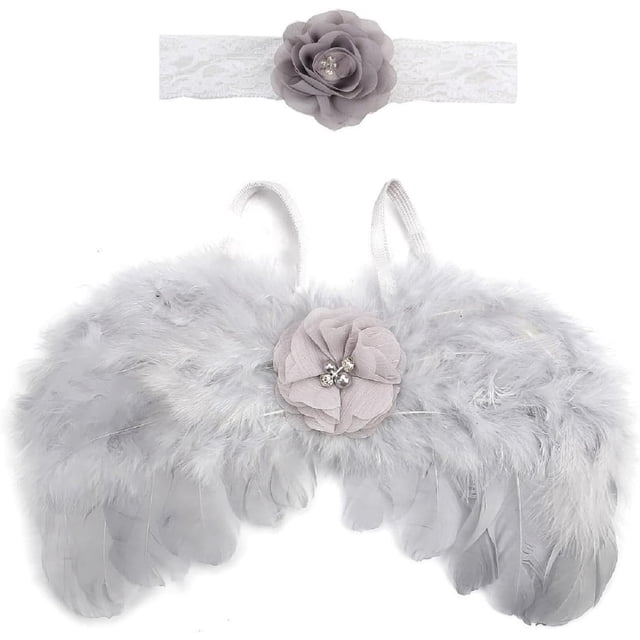 Accesorios para fotos de recién nacidos, conjunto de diadema de flores con alas de plumas de ángel, disfraz de accesorios de fotografía con diadema de alas de ángel para bebés negros,(Gris)