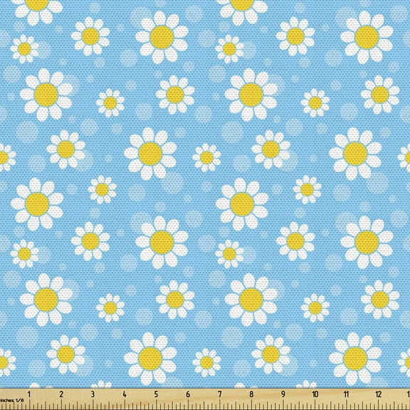 Ambesonne Yellow and Blue Fabric by the Yard Upholstery, Chamomiles Dots, 2 Yards, Yellow White and Blue