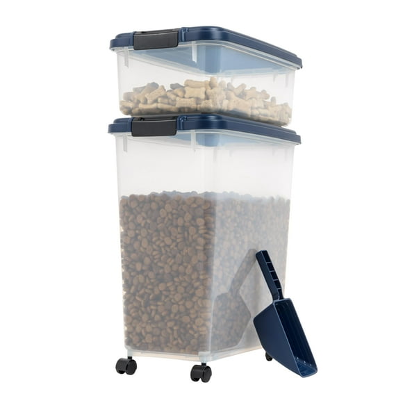 IRIS USA Airtight Dog Food Storage Container, 18.1 & 6.4 Kg Combo, Stackable Treat Box, 2-Cup Scoop, Wheels, Keep Fresh, Easy Mobility, Navy