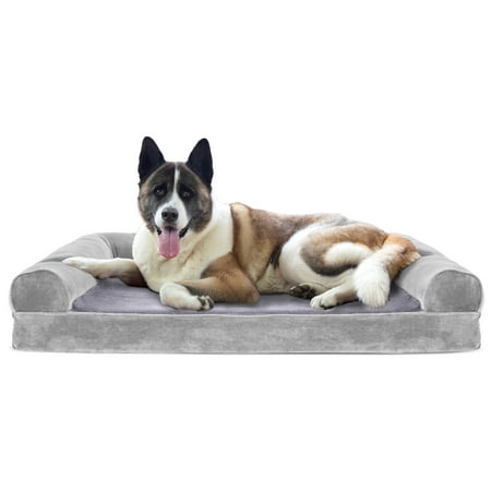 UPC: 0842229106831 | FurHaven Pet Products Faux Fur & Velvet Cooling Gel Memory Foam Sofa-Style Pet Bed for Dogs & Cats – Smoke Gray Jumbo