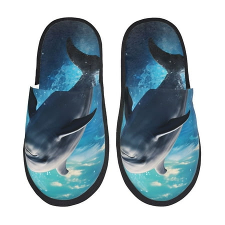 Balery Ice Blue Ocean Cute Dolphin Slient Indoor Furry Fleece Comfort House Shoes Soft Non-Slip Home Shoes Cotton slippers House Slippers-- Medium