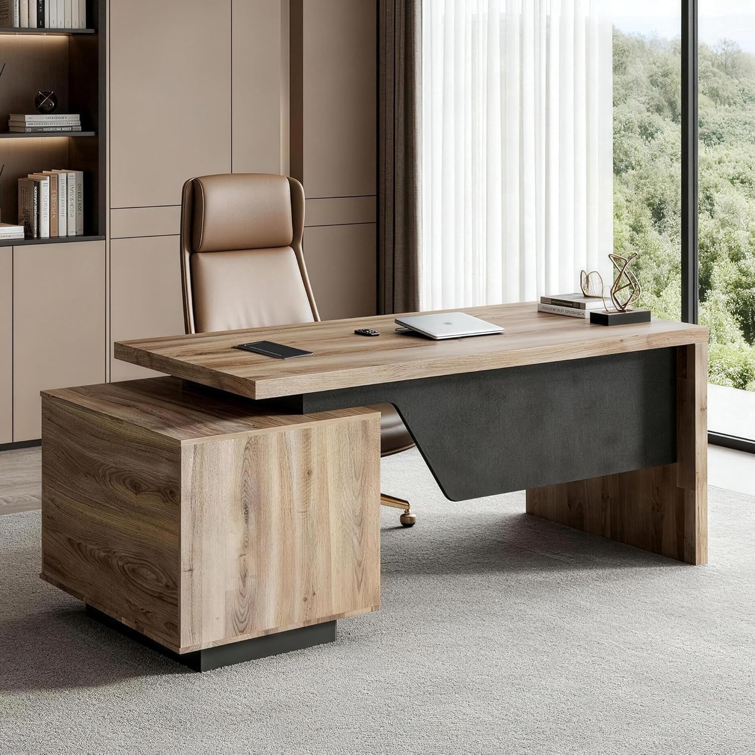 63" Executive Desk with Cabinet File Drawer Cable Management(Mahogany, Right)