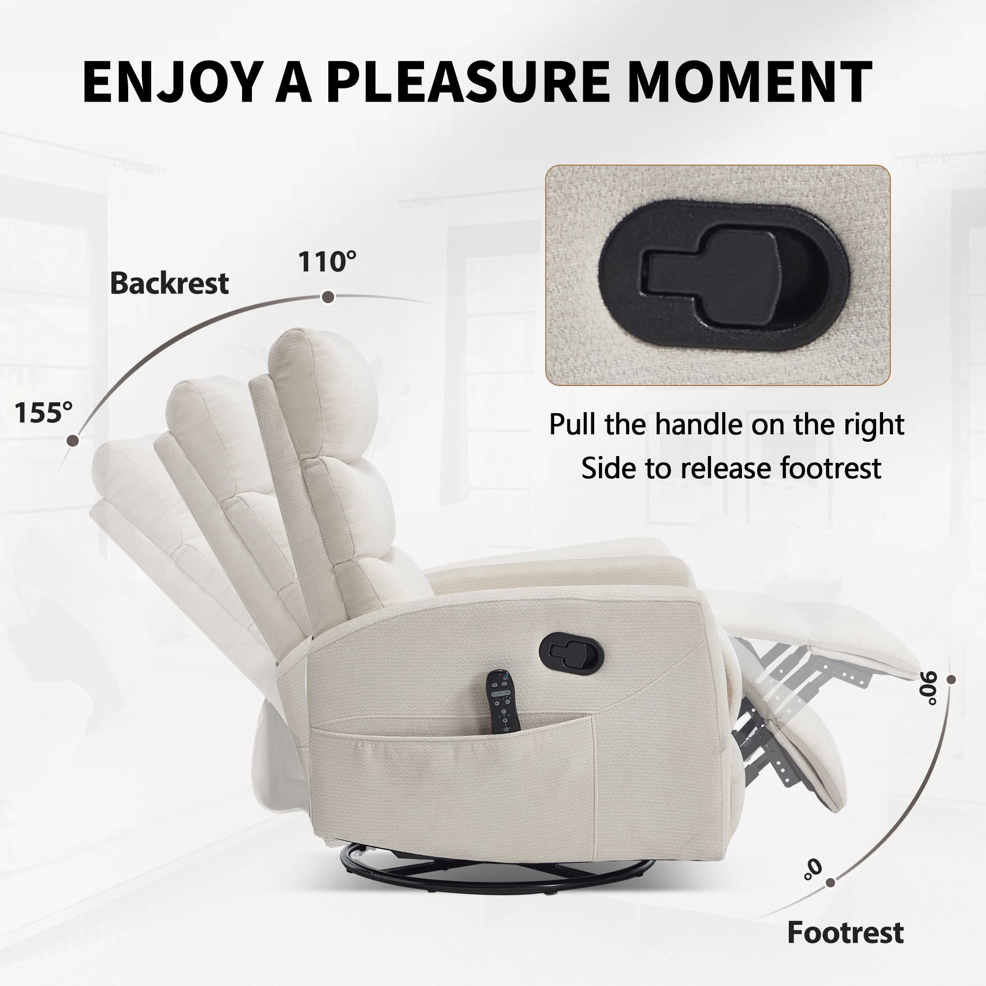 MAYEERTY 360 Degree Swivel Rocker Recliner Chair, Manual Recline Glider Chair with 8-Point Vibration Massage & Lumbar Heat, for Living Room Nursery Bedroom
