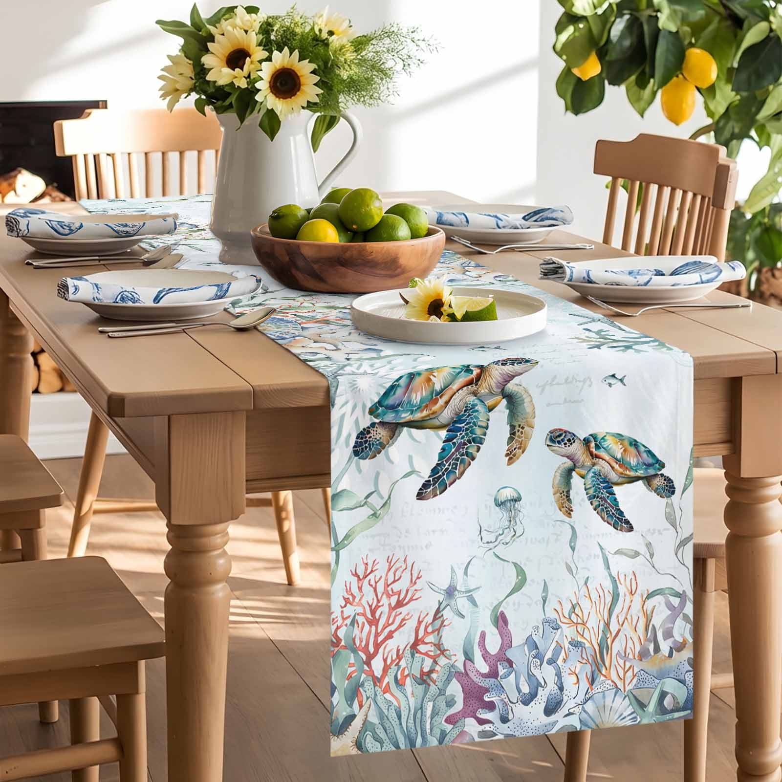Sea Turtle Coral Seaweed Table Runner 90 Inches Long, Summer Coastal Nautical Theme Table Runners Tabletop Scarf Kitchen Dining Tables Decoration for Home Party Indoor Outdoor