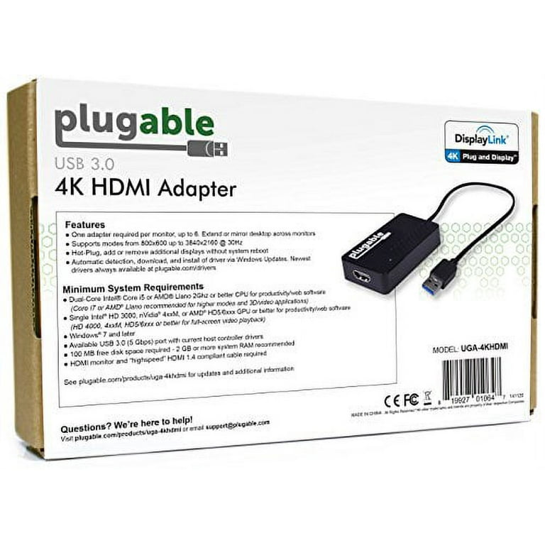 Plugable USB 3.0 to HDMI 4K DisplayLink Video Graphics Adapter for