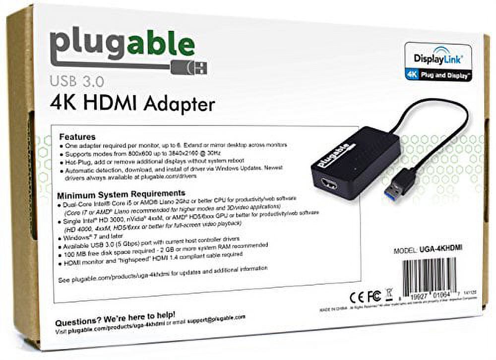 Plugable USB 3.0 to HDMI 4K UHD Video Graphics Adapter for Multiple Monitors up to 3840x2160 Supports Windows 11, 10, 8.1, 7 - image 5 of 6