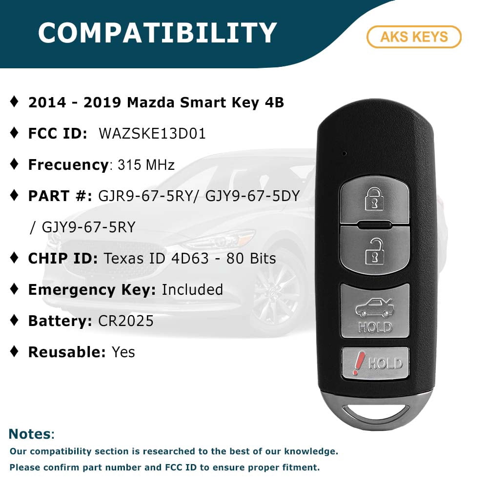 AKS KEYS New Replacement for Mazda 2014 - 2019 Prox Smart Fob Key 4B FCC# WAZSKE13D01