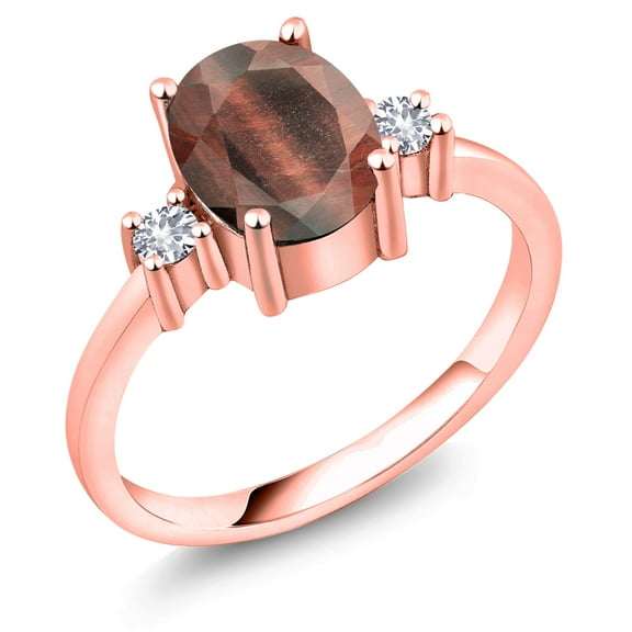 Gem Stone King 1.60 Ct Oval Red Tiger Eye White Created Sapphire 18K Rose Gold Plated Silver Ring (Size 7)