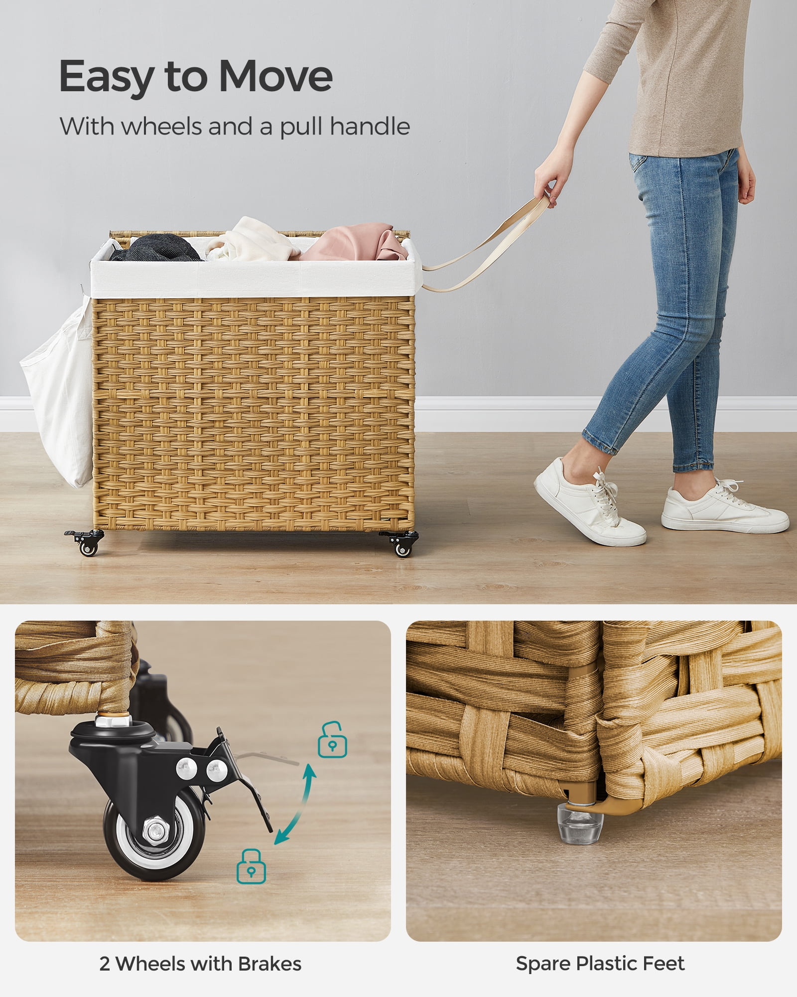 SONGMICS 160L Laundry Hamper with Lid Rolling Laundry Basket with Wheels 3-Section Synthetic Rattan Laundry Hamper Removable Liner for Bedroom Natural