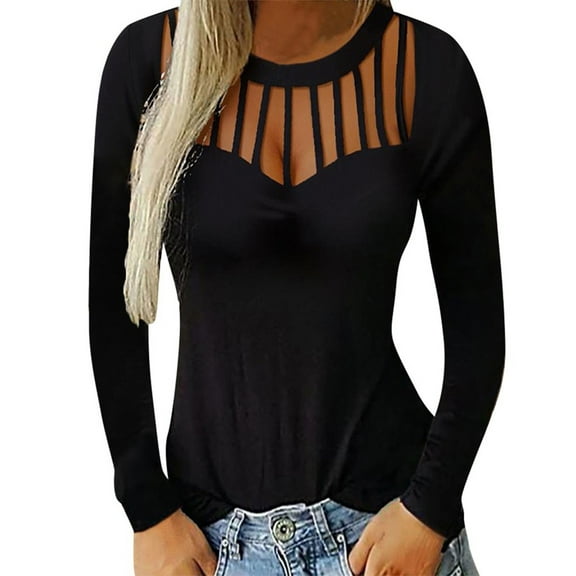 KIHOUT Women Solid Hollow Out Long Sleeve Breathable Shirt Tops