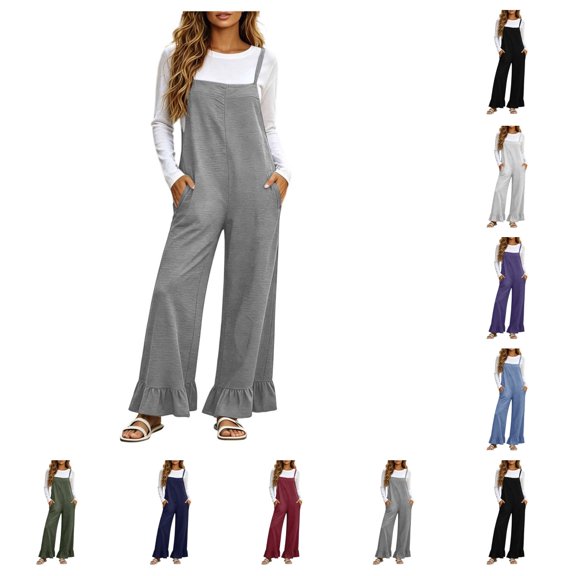 SAWOBUUN Womens Wide Leg Jumpsuit Adjustable Straps Casual Overalls Ruffled Hem Loose Fit Sleeveless Jumpsuits