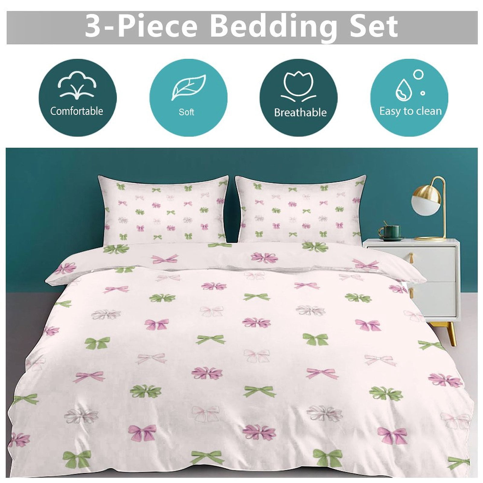 ss Cute Bow Duvet Cover Set Themed Multicolor Polyester Bedding Set for Bedroom Decoration