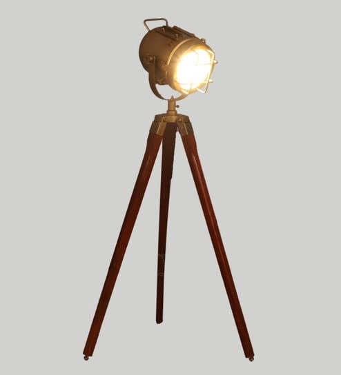Antique Brass Nautical Searchlight Floor Lamp with Wooden Tripod Stand – Adjustable Height Metal Spotlight for Living Room, Bedroom, Office & Home Décor