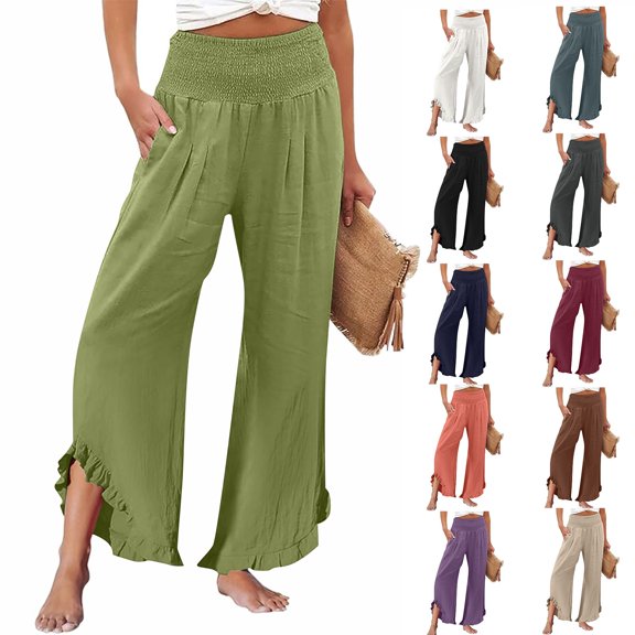 Women's High Waist Wide Leg Pants, Paper Bag Waist Palazzo Trousers with Asymmetrical Ruffle Hem, Cotton Linen Blend Loose Casual Pants for Beach, Vacation, Date and Daily Wear