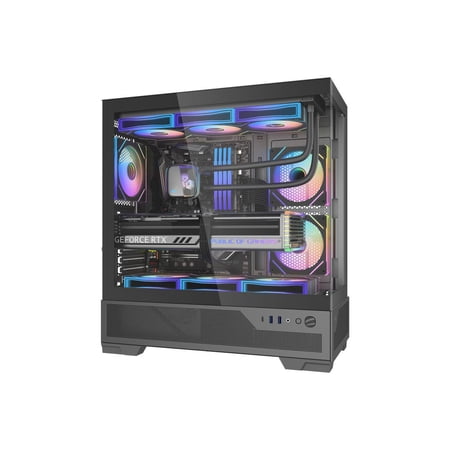 SAMA V43 Mid-Tower PC Case, 6 x 120mm PWM ARGB Fans, 4mm Tempered Glass, USB3.1 Type-C + USB 3.0 Ports, 7 Slots, Pre-Installed PWM+ARGB HUB, Supports ATX/M-ATX/ITX, Black