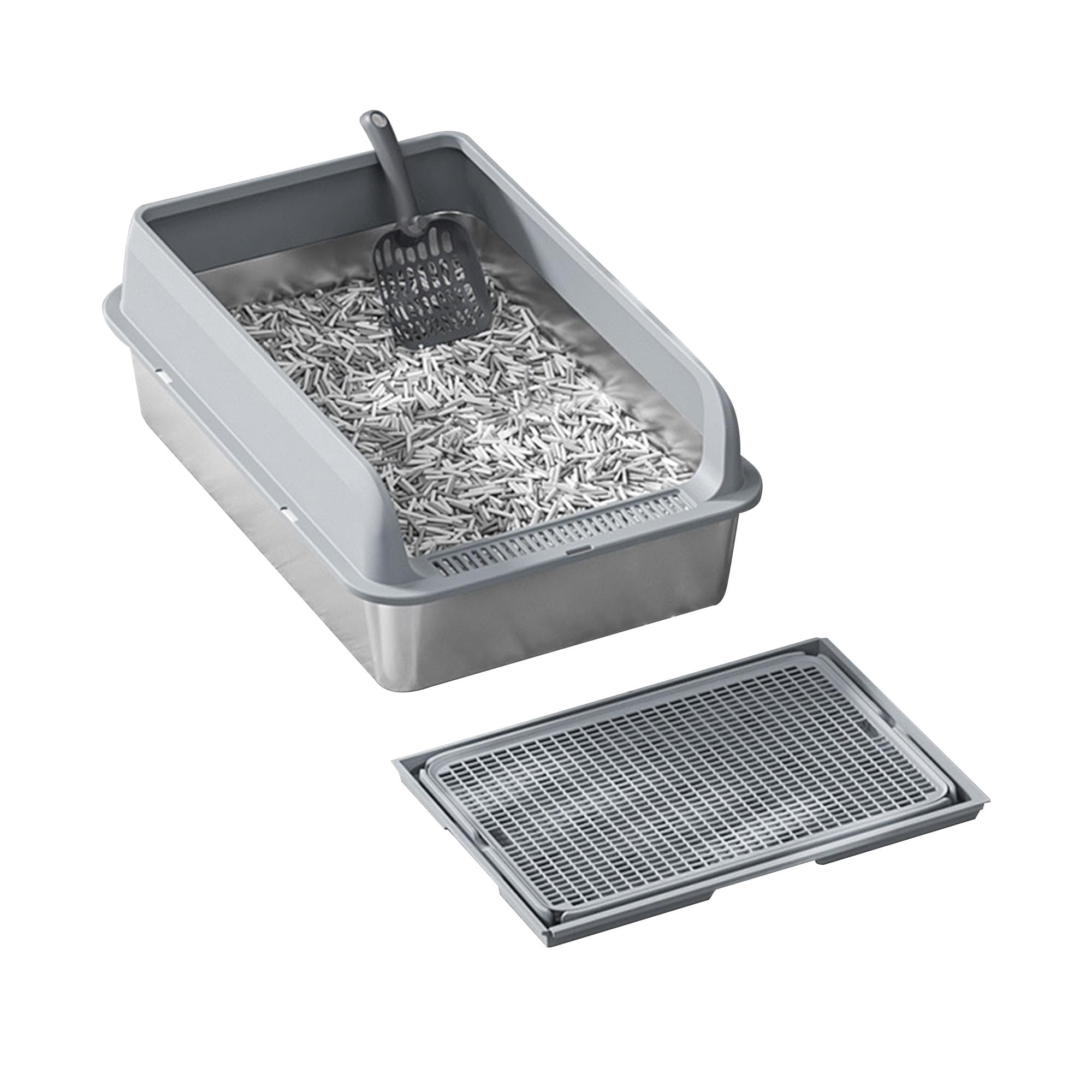 Large Stainless Steel Top Entry Cat Litter Box with PP Cover & Anti-Track Mat, Super Size 60x40x25cm, Prevents Splatter & Scatter, Easy to Clean, for Multiple Cats,Light Grey