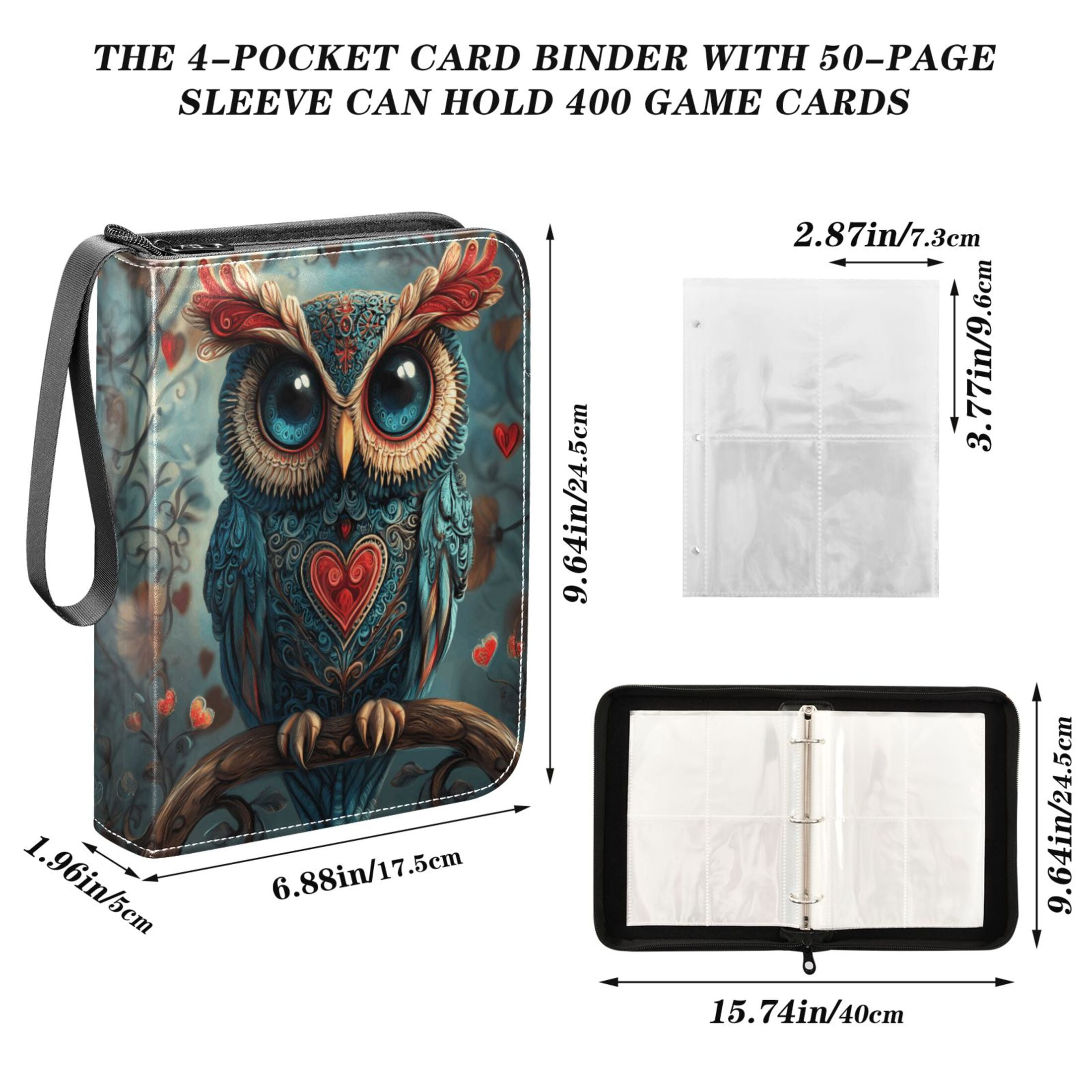 Trading Card Binder Album 400 Pockets 50 Removable 4-Pocket Pages Waterproof Valentines Owl on Tree Branch