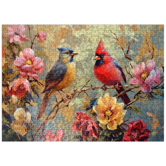 MyPuzzle - Cardinal And Songbird Among Blossoms - Premium 500 Piece Jigsaw Puzzle for Adults