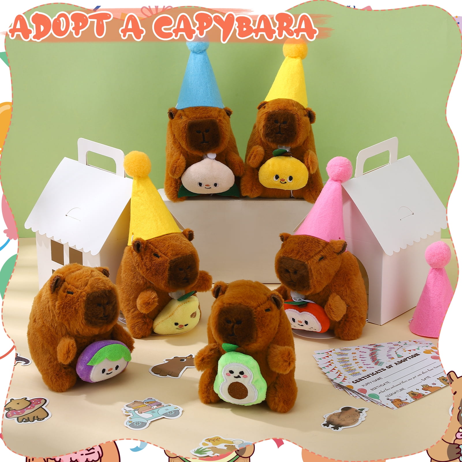 KABOER 103 Pcs Adopt An Animals Party Favor, Capybara Themed Include 12 Pcs 4.72 inch Stuffed Capybara, Adoption Card, Birthday Hats, Paper Boxes and Stickers for Party Supplies Birthday Gifts