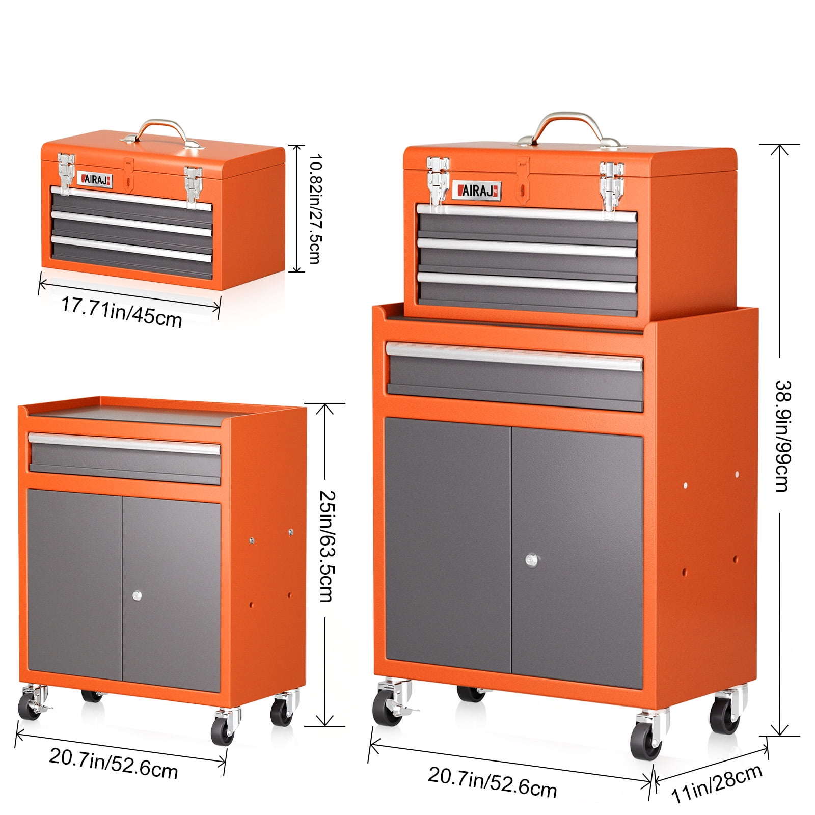AIRAJ 40" 6-Drawer Rolling Tool Chest | Orange Metal Garage Storage Cabinet with Wheels & Detachable Tool Box Top