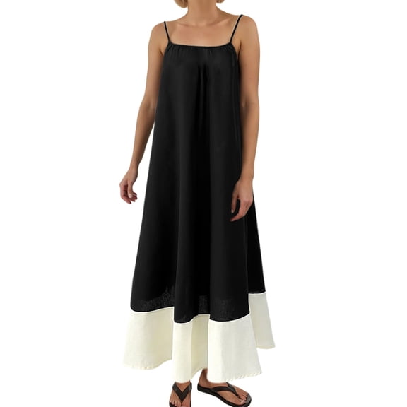 Women's Sleeveless Maxi Dress with Contrast Trim & Spaghetti Straps, Polyester Linen Blend, for Summer Vacation, Sizes S-L