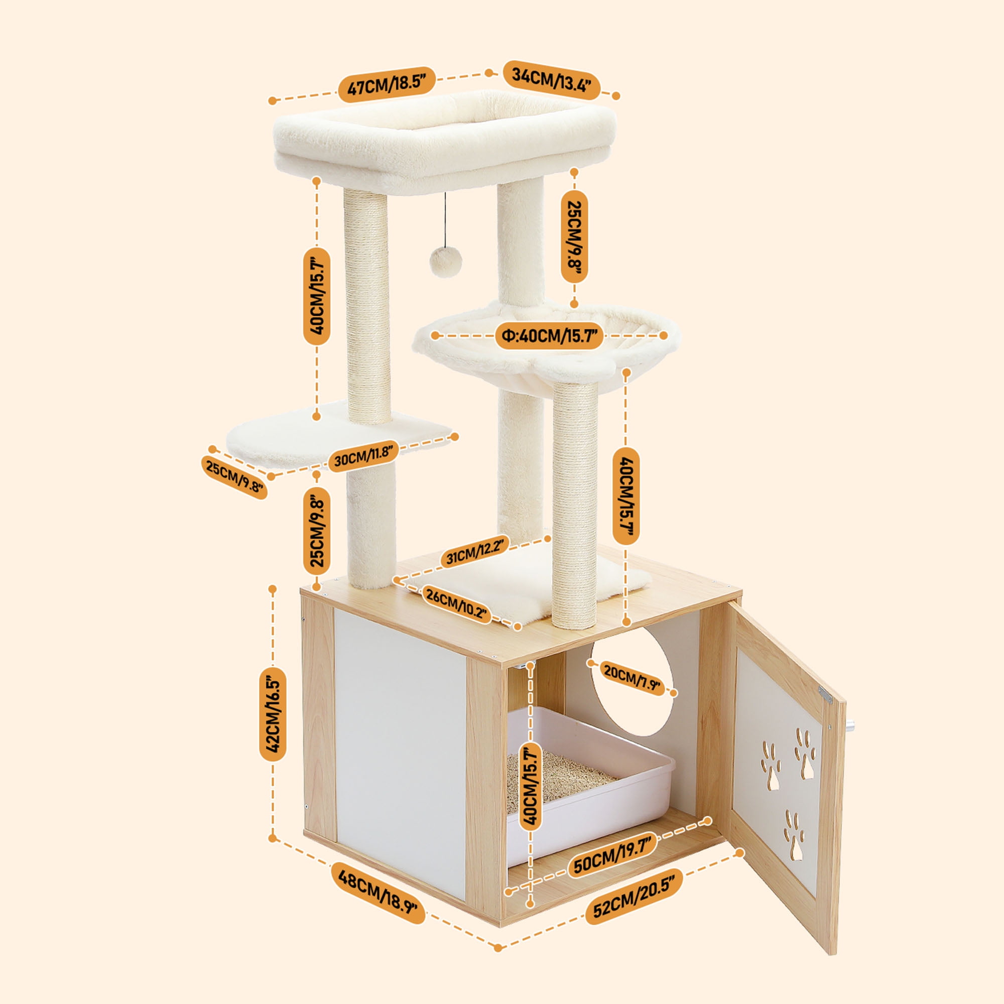 Pefilos 46" Wood Cat Tree Tower with Litter Box Enclosure, Cat Condo, Hammock, Cat Scratching Posts, Removable Top Perch, Beige Pefilos 46" Wood Cat Tree Tower with Litter Box Enclosure, Cat Condo, Hammock, Cat Scratching Posts, Removable Top Perch, Beige