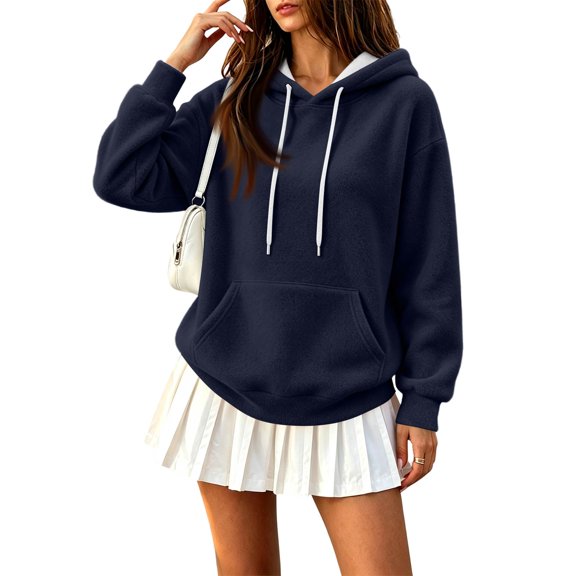 Yungyresw Solid Color Sweatshirs for Women Drawstring Hoodie Ribbed Hem Long Sleeve Pullover Oversized Fit Kangaroo Pocket Winter Layering