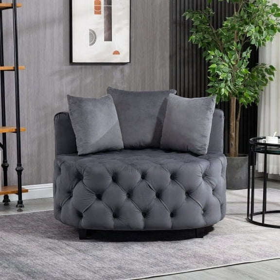 Modern Barrel Chair, Round Oversized Barrel Chairs, Sofa Lounge Accent Chair, Velvet Leisure Sofa Chair, Comfy Leisure Chair with 3 Pillows for Living Room Bedroom Hotel Office, Gray