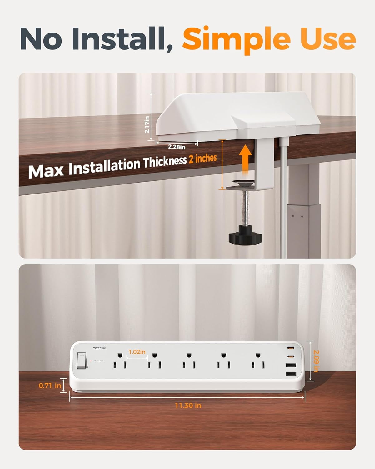 YUNZII Desk Clamp Power Strip 6FT, 2100J Surge Protector, 5 Outlets 4 USB Ports (2 USB C), Grey