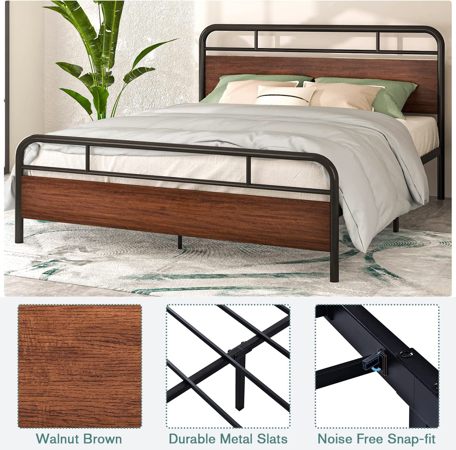 Allewie Walnut Queen Size Metal Platform Bed Frame with Wooden Headboard, Noise free
