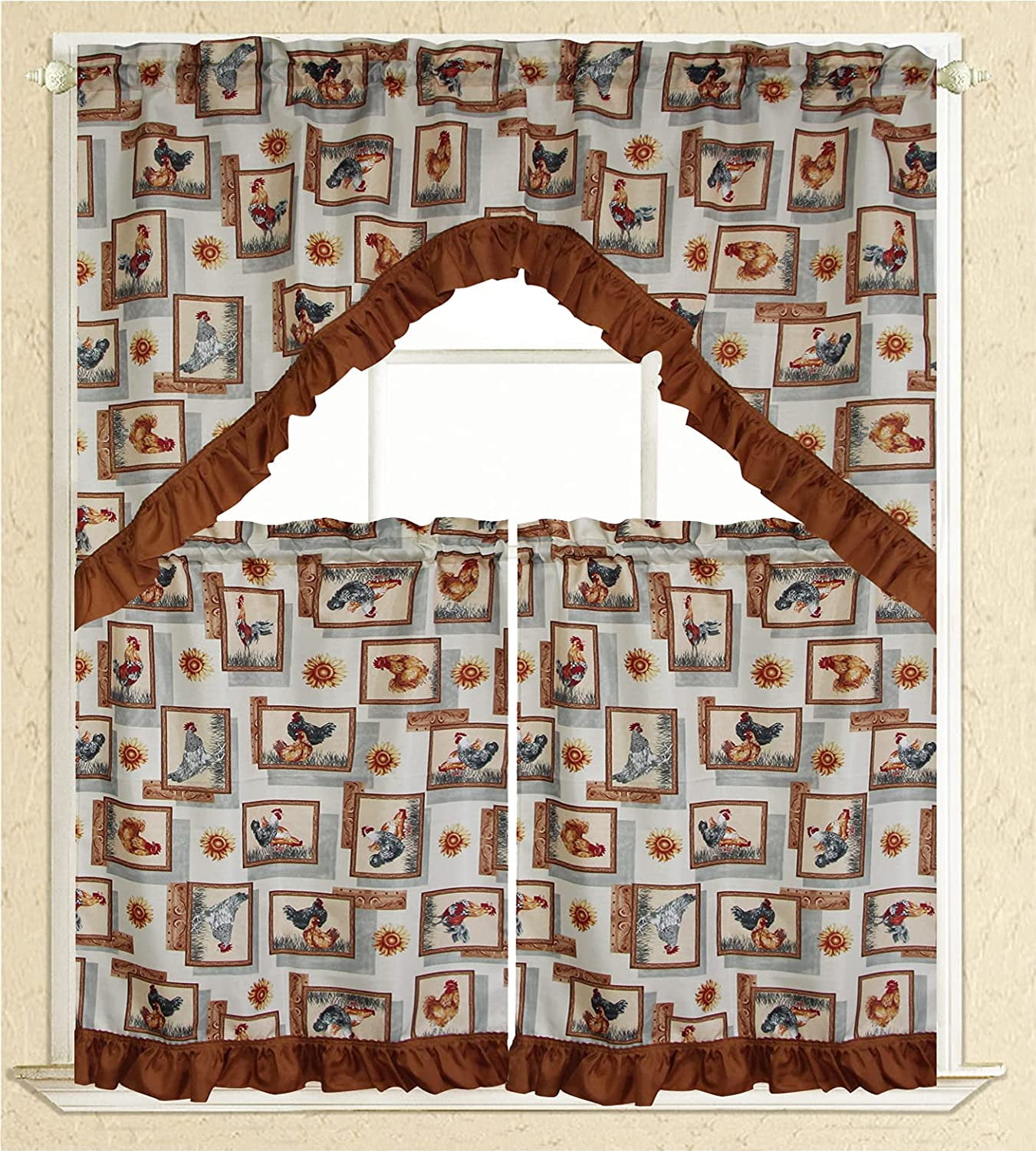 3 PC Kitchen Curtain Swag Set, Fruit Floral Rooster Printed Design Window Panels - Picture 25 of 62