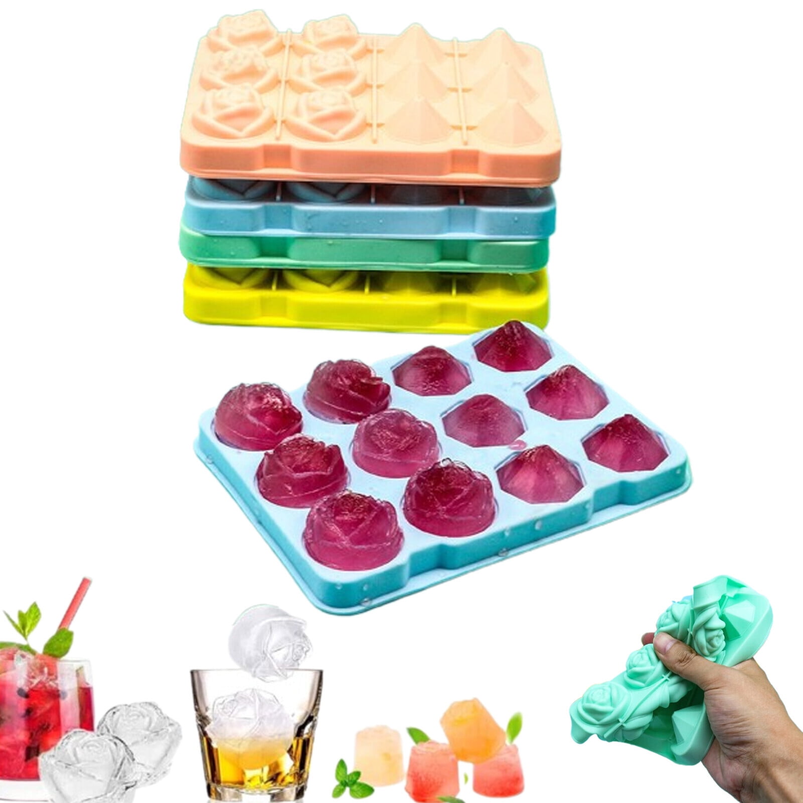2 in 1, Aidacom Diamond Rose Ice Molds & Large Ice Cube Trays, Giant Fancy  Shape Ice, 17 Big Square Ice, Silicone Rubber Funny Cool Ice Ball Maker for