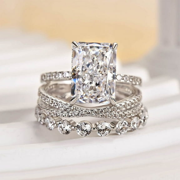 Kalapi Jewel 1.9 Ct Radiant Cut Moissanite Anniversary Trio Set Ring for Her - 14K White Gold Plated Engagement Ring with Band - Gifts for Women's - Criss Cross Ring with Band