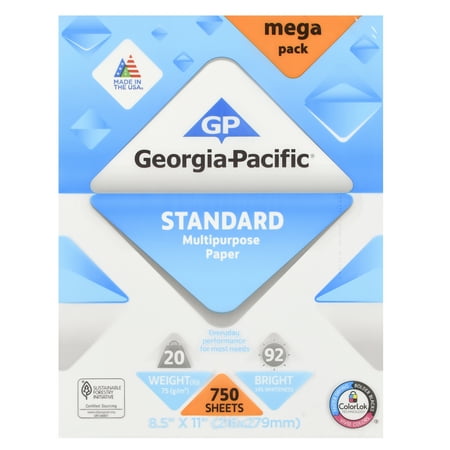 Georgia-Pacific Standard Multipurpose Paper, 8.5" x 11", 20 lb, 92 Brightness, 750 Sheets
