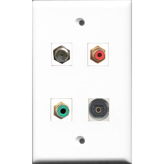 RiteAV 1 Port RCA Red and 1 Port RCA Green and 1 Port Coax Cable TV- F-Type and 1 Port Toslink Wall Plate